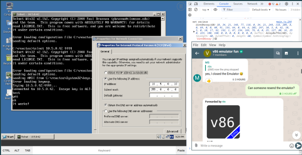 Screenshot of Delta Chat desktop with "v86 emulator fun" chat. The chat has a v86Emu WebXDC sent there. Next to Delta Chat desktop there is a window with open v86Emu WebXDC running ReactOS. Inside ReactOS there is a window for network settings open and a command line window with telnet open, successfully connecting to another IP address on the LAN.