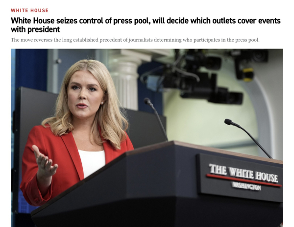 Color photo of blonde white lady in red jacket addressing White House press coup