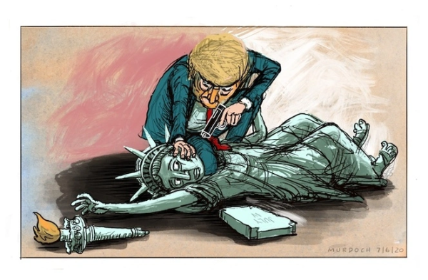 A colorized illustration of former President Trump holding a gun to the head of the fallen Statue of Liberty. The Statue of Liberty is laying on the ground with her torch laying next to her. A book, which is laying next to her, has the date "July IV" on the cover. The illustration is signed "Murdoch 7/6/20". The background is a textured mix of pinks and tan.

Provided by @altbot, generated using Gemini