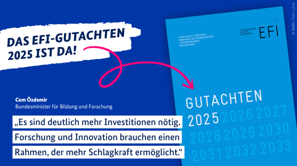 Das Bild zeigt eine Darstellung des EFI-Gutachtens. Die Bildaufschrift lautet: Das EFI-Gutachten 2025 ist da. Das Zitat des Bundesforschungsministers Cem Özdemir lautet: "Es sind deutlich mehr Investitionen nötig. Forschung und Innovation brauchen einen Rahmen, der mehr Schlagkraft ermöglicht."