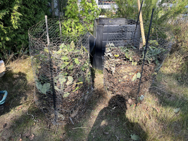 Two compost bins made of wire mesh filled with plant materials and leaves, located on grass with some surrounding greenery. A black compost container is visible in the background.