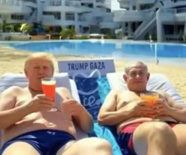 Trump and Netanyahu in swimming trunks drinking cocktails by a pool