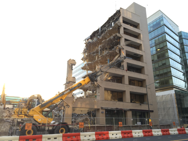 The image taken in April 2016 depicts the demolition of the former Washington Post headquarters at 1150 15th St. NW in Washington, DC. Most of the building is already torn down.

Photo: Antony-22 on Wikimedia Commons, CC BY-SA 4.0.