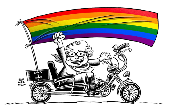 Cartoon: Oma auf Fahrrad mit Regenbogenflagge und gereckter Faust