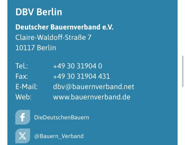 DBV Berlin Deutscher Bauernverband e.V. Claire-Waldoff-Straße 7 10117 Berlin Tel.: Fax: E-Mail: Web: +49 30 31904 0 +49 30 31904 431 dbv@bauernverband.net www.bauernverband.de f DieDeutschenBauern X @Bauern_Verband