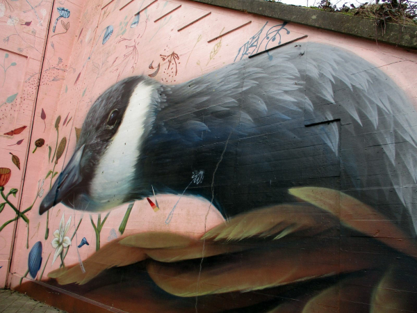 Décoration murale à l'aide de peintures d'oiseaux sur les murs d'un pont.

Wall decoration using bird paintings on the walls of a bridge.
