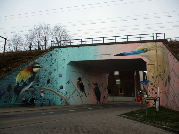 Motifs d'oiseaux comme fresque décorative d'un pont en béton supportant la ligne de chemin de fer 139 Leuven - Ottignies.

Bird motifs as a decorative fresco of a concrete bridge supporting the railway line 139 Leuven - Ottignies.