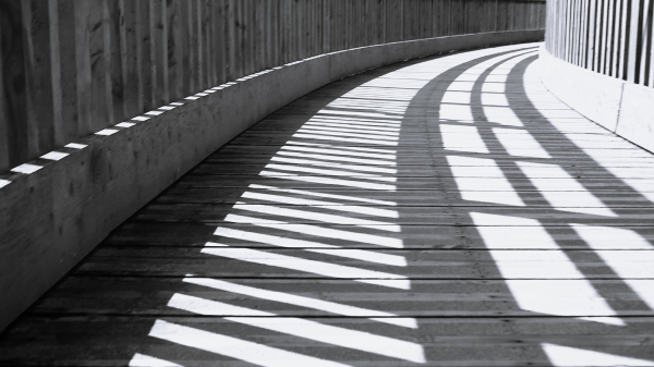 Black and white photo of a curved, wooden bridge, taken from a low angle. Strong sunlight is shining from the left and casting shadows across the walkway.