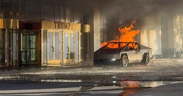 Iconic photo of a #Cybertruck in flames in front of the Trump Hotel in Las Vegas.