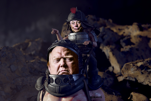 Generated images of an old and craggy Musk as Master with a sleepy fat Trump as Blaster, 'shopped (#ClipStudio) onto a miniature Little Big Man Resin Model created by Steve West. The background is a dark, rough stone-strewn hill.