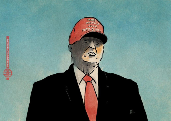 Illustration von Trump mit einer roten MAGA Kappe auf der steht „Make America suck Putins dick“