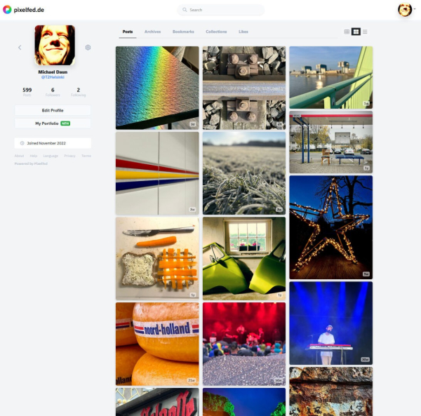 Screenshot meines pixelfed.de-Homescreens in der Web-Version - also nicht die App-Ansicht. Man sieht neben den Standardangaben und -buttons des Profils auch ca. 15 meiner insgesamt rund 600 veröffentlichten Bilder. Während ich die ersten sechs Bilder - also die neuesten - bei Pixelfed veröffentlicht habe, wurden die übrigen ursprünglich bei instagram veröffentlicht und in der letzten Woche dann erfolgreich hierhin importiert.
