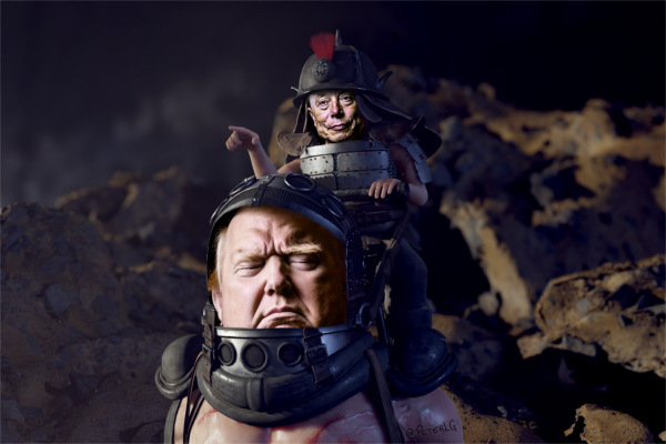 Generated images of an old and craggy Musk as Master with a sleepy fat Trump as Blaster, 'shopped (#ClipStudio) onto a miniature Little Big Man Resin Model created by Steve West. The background is a dark, rough stone-strewn hill.