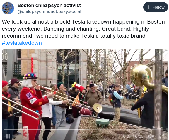 We took up almost a block! Tesla takedown happening in Boston every weekend. Dancing and chanting. Great band. Highly recommend- we need to make Tesla a totally toxic brand #teslatakedown