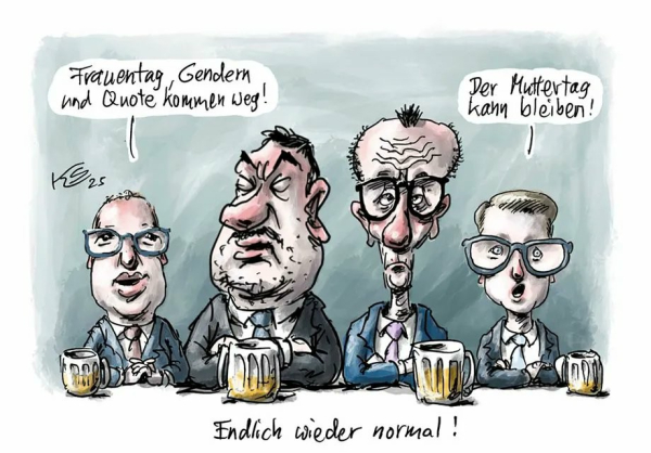 Cartoon von Klaus Stuttmann Spahn Sprechblase Frauentag gendern und Quote kommen weg, linnemann der Muttertag bleibt...