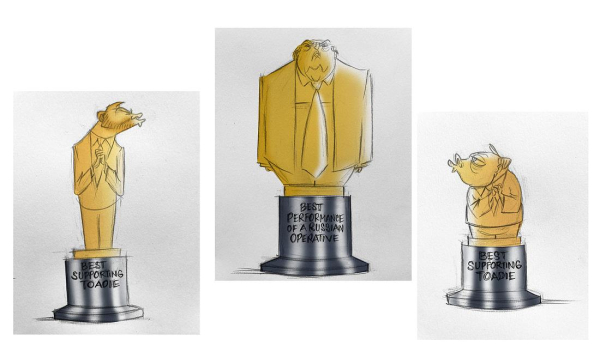 Art #Cartoons #illustration by Ann Tenaes 

Text:
“Three Award Winners”
Best Supporting Toadie(s)
Best Performance of a Russian Operative 

Image: Three “Oscar” academy award style “gold” statuettes of POTUS Trump and two toadies. 