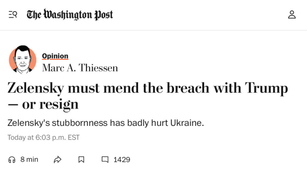 Opinion piece by Mary A. Thiessen: Zelensky (sic) must mend the breach with Trump—or resign. 