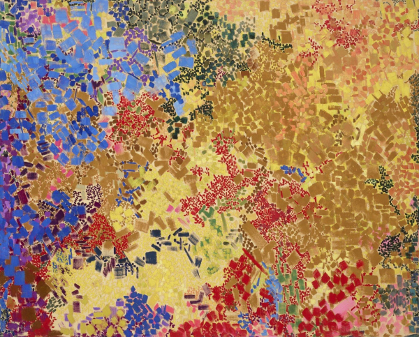 Abstract painting featuring several groupings of small rectangles in bright yellow, red, blue, and gold.