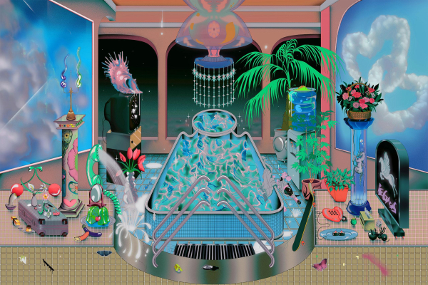 Still life composition of a large room with various colorful objects and abstract details surrounding a blue tile pool, including a palm tree, landline telephones, a chandelier, a water cooler, and painted cloud murals.