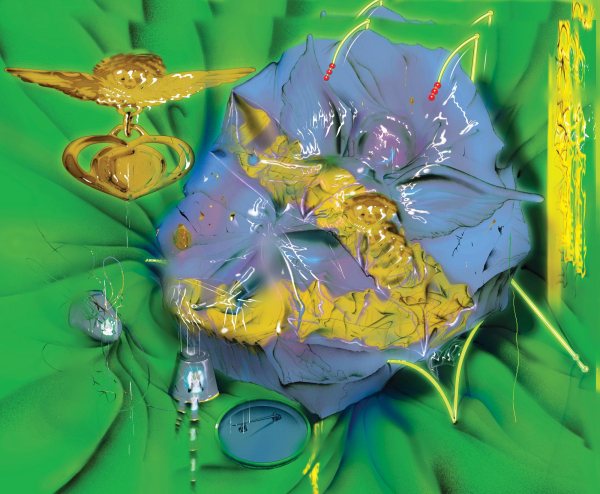 Semi-abstract composition of a blobby yellow and blue form with shiny details sitting in the center of a green background with soft folds. There is a gold winged heart brooch floating above it and two thimbles and a pinback button lying at its edge.