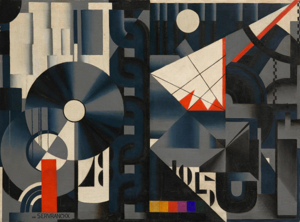 Abstract painting in a palette of grey-blue and white with bits of red, depicting machine-like forms including circular discs, chains, and levers.