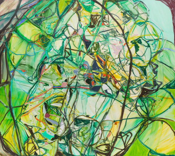 Abstract painting in a palette of green and yellow, with gestural forms and expressive brushstrokes.