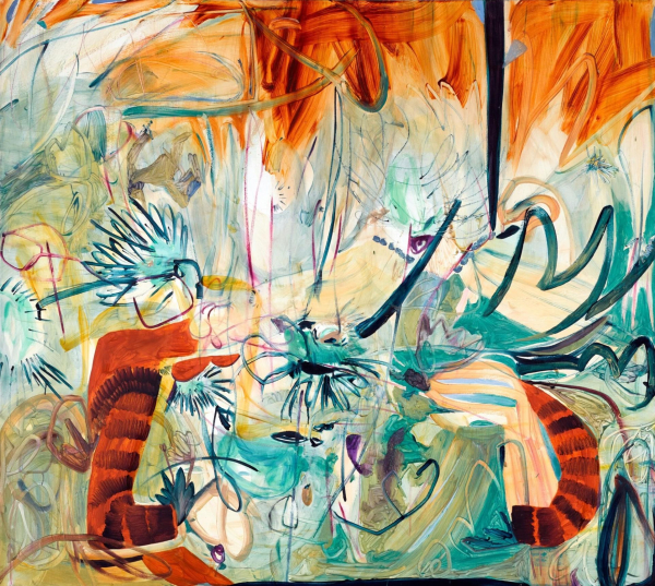 Abstract painting in a palette of orange, green, and teal, with gestural forms and expressive brushstrokes.