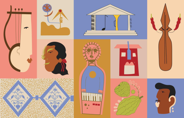 Segmented composition of rectangles and squares, each containing a different face or object, including a stringed musical instrument, a red house, and a person playing keyboard. The art style is simplified and flat, with a largely pastel color scheme of pink, brown, white, and blue.