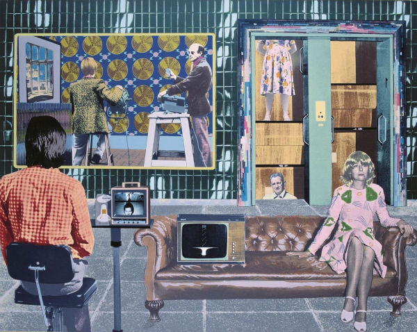 Composition in a green, blue, and brown palette with composite photos, depicting several figures positioned around an interior with a large leather couch, freight elevator, and patterned wallpaper.