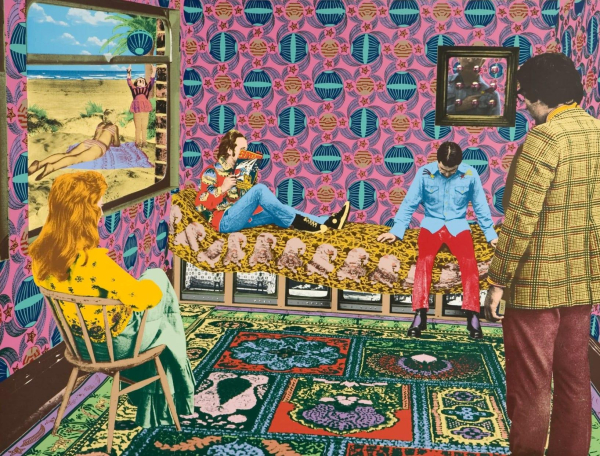 Composition in a colorful pink, blue, and yellow palette with composite photos, depicting several figures sitting and standing around a bedroom with a patterned rug and wallpaper.