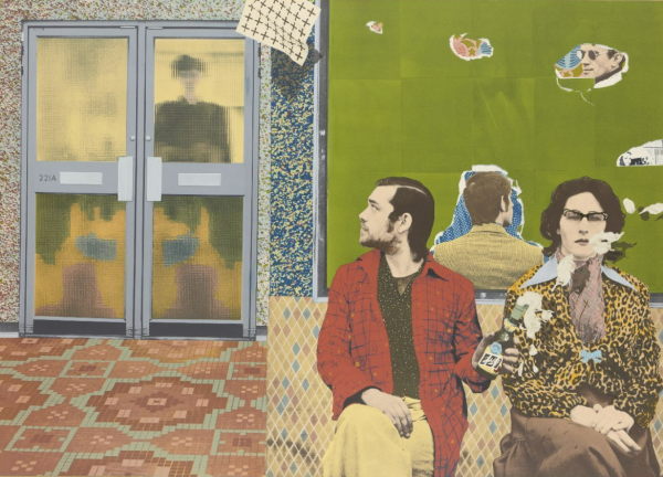 Composition in a green, orange, and yellow palette with composite photos, depicting a several figures sitting in a waiting room. One man looks back at a set of doors with frosted windows and a blurry figure seen through the glass. The walls are green and the floor is orange and red pattern tile.