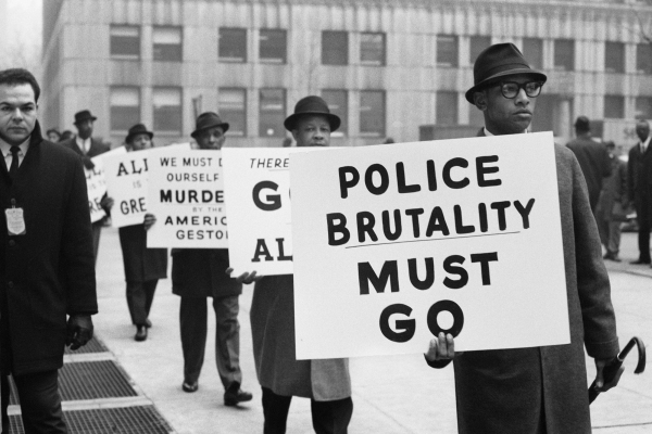 Black and white photo of a protest with a line of Black men in coats and hats each holding large white signs with slogans written in black. The sign in the foreground of the image reads "Police Brutality Must Go".