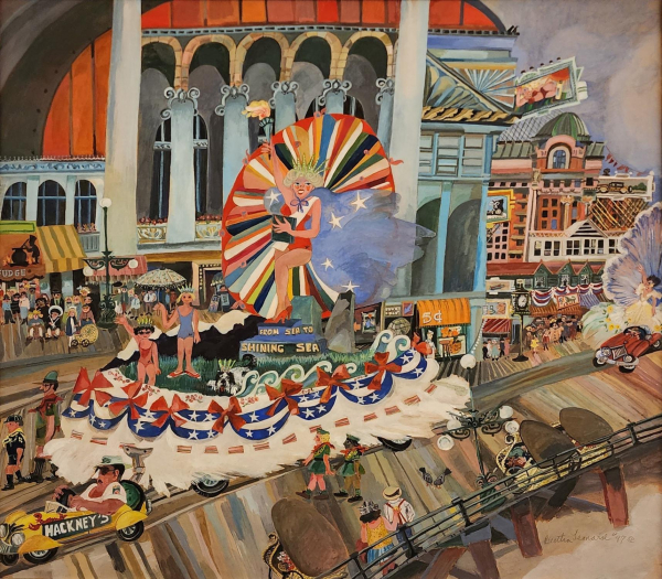 Painting of a parade float with a large woman in a bathing suit holding up a torch standing in front of a colorful circular background. Behind the float are tall buildings with classical archways and standing spectators. 