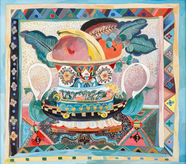 Colorful painting of a porcelain vessel with thin white handles and delicate decoration, holding various fruits, all set within a triangle pattern border.