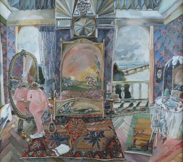 Painting of a bedroom interior in a soft palette depicting a nude white woman standing in front of a tall mirror, wearing sneakers and holding a tennis racket. The room is filled with patterned textiles and rugs, a bed with a painted headboard, a vanity, and two large windows showing an ocean view.