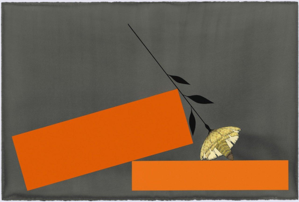 Composition depicting a stylized flower with a long, straight stem leaning upside down over two large horizontal orange rectangles, over a soft grey wash background.