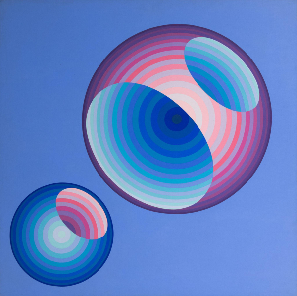 Abstract painting of two spheres floating in a light blue space, with blue and purple concentric circles creating an optical effect.