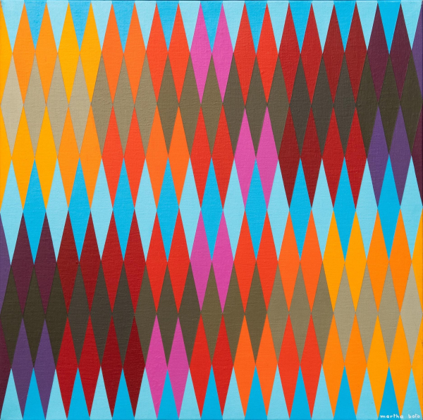 Abstract painting of a series of slender diamonds laid out in horizontal rows, in a palette of light blue, pink, orange, yellow, and grey-brown, creating an argyle-like pattern.