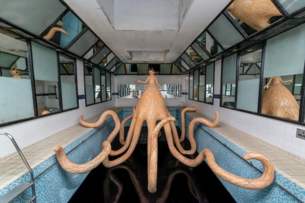 Large sculpture of a hybrid figure with a human upper body and large curving tentacles emerging from their torso, situated over an indoor pool with dark water and a walls and ceiling covered in mirrors reflecting the figure in segments.