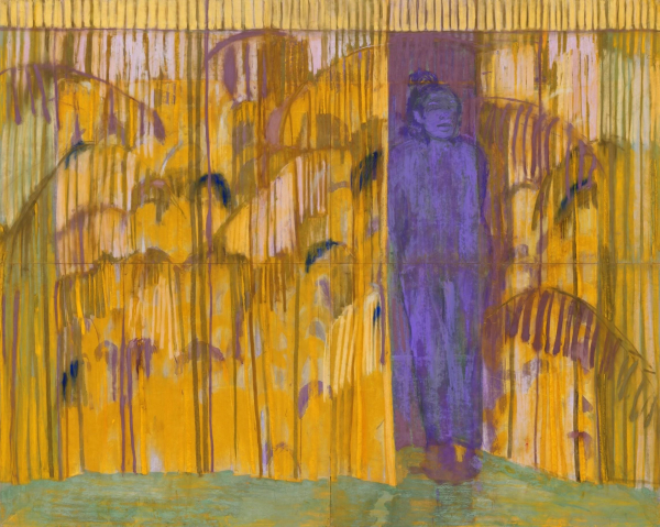 Painting depicting a woman in a dark purple palette, standing between tall curtains decorated with bright yellow and brown hanging leaves, in a loose gestural style.