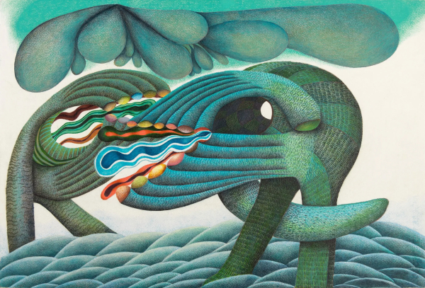 Drawing in a blue and green palette of a surreal landscape with abstract creatures embracing or fighting each other above a soft bumpy ground, below bulbous green forms above.