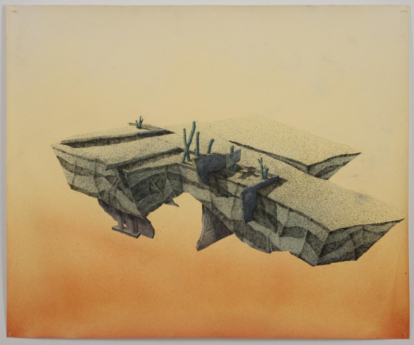 Grayscale drawing of a multi-pronged concrete ruin floating within a yellow-orange expanse.