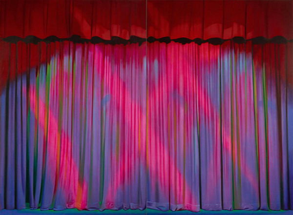 Photorealistic painting of a large hanging red curtain hanging on a stage with bright beams of purple and pink light shining across it.