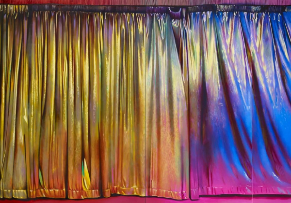 Photorealistic painting of a hanging curtain made of shiny metallic fabric reflecting gold and blue light.