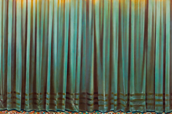 Photorealistic painting of a large hanging curtain with heavy green fabric and several horizontal gold lines along the bottom.