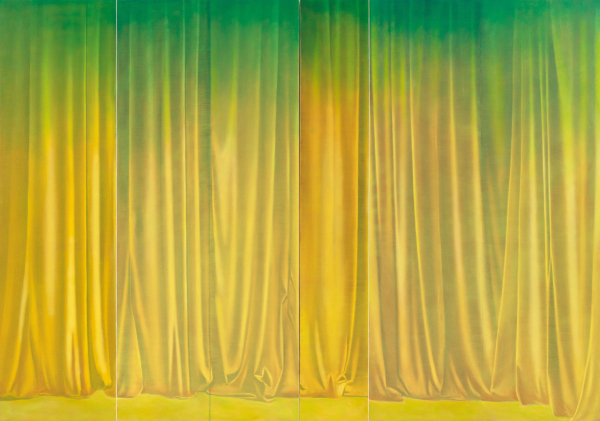 Photorealistic painting of a large hanging curtain with a green and yellow gradient fabric.