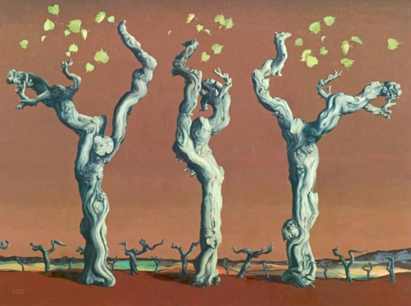 Painting of a trio of gnarled, bare trees with yellow leaves floating above, resembling human figures with arms raised and bodies contorted, against a rust-orange landscape.