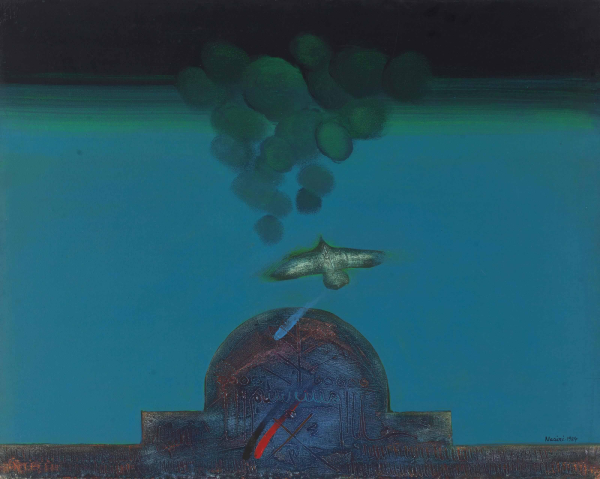 Painting of a blue architectural structure with a central dome form, against a black--green-blue gradient background, with circular puffs of grey smoke floating above as well as a large soaring green bird.