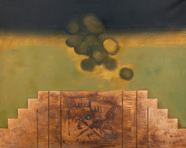 Painting of a brown architectural structure with stepped sides, against a black-yellow-green gradient background, with circular puffs of grey-green smoke floating above.