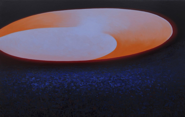 Painting of a semi-abstract landscape showing a large orange and white horizontal oval within a leafy blue field.